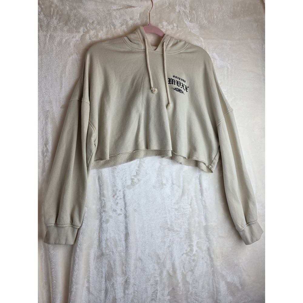 H&M Divided Beige‎ Cropped Hoodie Sweatshirt Graphic Print Raw Hem Womens Size L